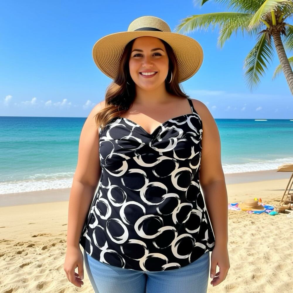 Beach Belle Women Swim Tankini Halter Strap Swim Top Plus Size 24W Black White